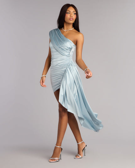 Shop a mini dress like the Davina Satin Bodycon Sash Mini Dress in light blue with a curve-hugging shape, playful length, and chic detail for any occasion.