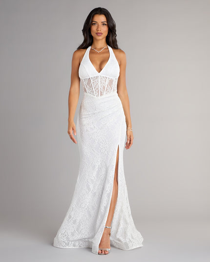 Feel polished and confident in the Cadie Halter Corset Slit Lace Formal Dress, a prom dress designed with luxe fabric and modern detail that shows off your vibe.