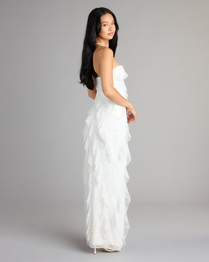 Ellie Ruffled Lace High Slit Formal Dress
