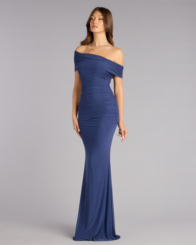 Choose the Ashlynn Off-Shoulder Mermaid Formal Dress, a denim blue prom dress for a playful shape and glam finish that feels exciting, confident, and so you.