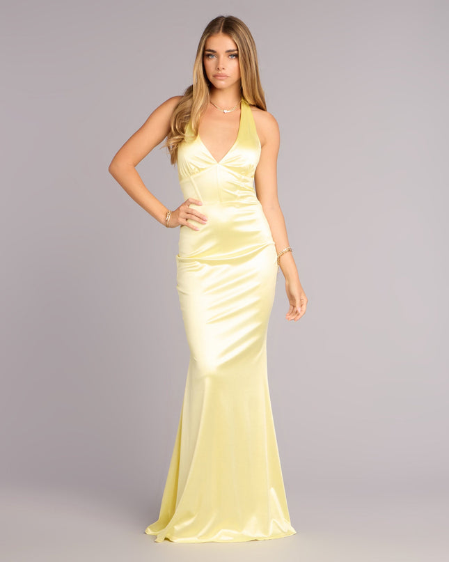 Own Prom 2026 in the Ariyah Satin Halter Mermaid Dress,  a yellow prom dress designed with a flattering silhouette and elevated details that feel modern and true to your style.