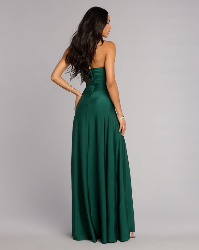 This hunter green prom dress, the Ally Strapless A-Line Formal Dress , features a sleek, floor-length design with trend-forward details that capture the excitement of Prom 2026.