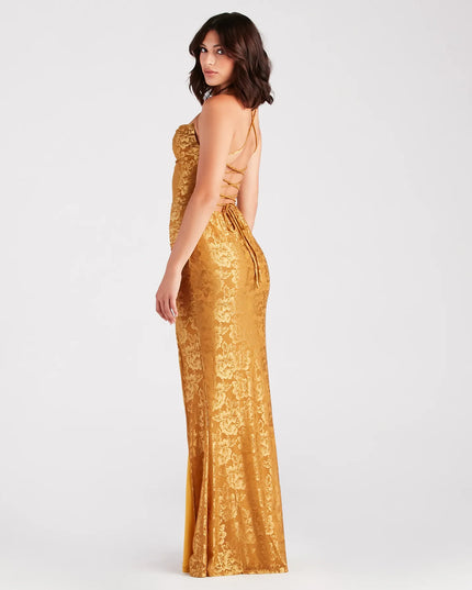 Kehlani Formal Floral Lace Slit Mermaid Dress in mustard yellow, a stunning maid-of-honor dress with a flattering fit and romantic details, perfect for spring wedding themes.