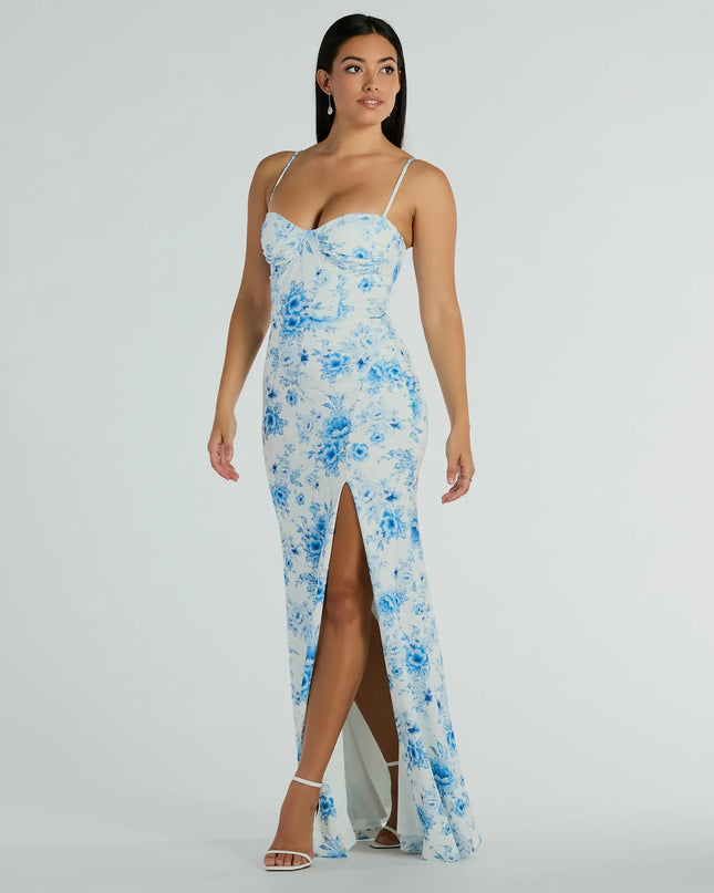 Elia High Slit Floral Crepe Mermaid Dress
