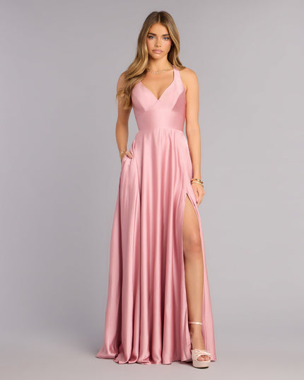 Abbey Lace-Up Slit A-Line Satin Formal Dress