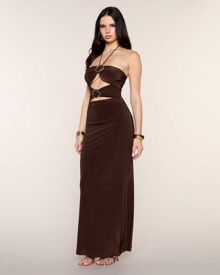Sleek Hardware Cutout Halter Maxi Dress