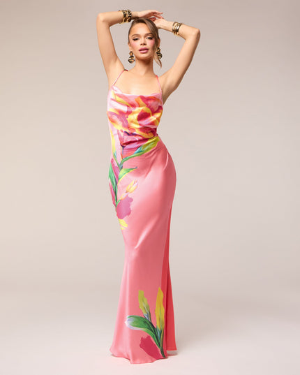 Vacation Glow Floral Satin Maxi Dress
