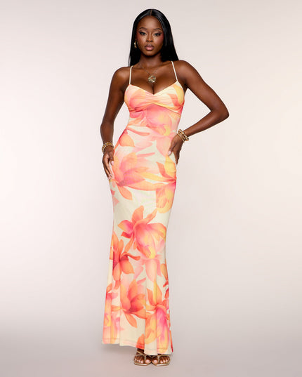 Late Bloom Energy Floral Mesh Maxi Dress