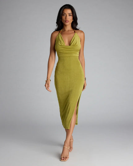 Chic Paradise Halter Open Back Slit Midi Dress