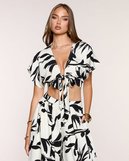 Breezy Vibe Tropical Print Tie-Front Top