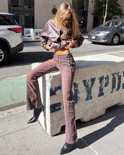 Edge Effect Studded Lace-Up Flare Jeans