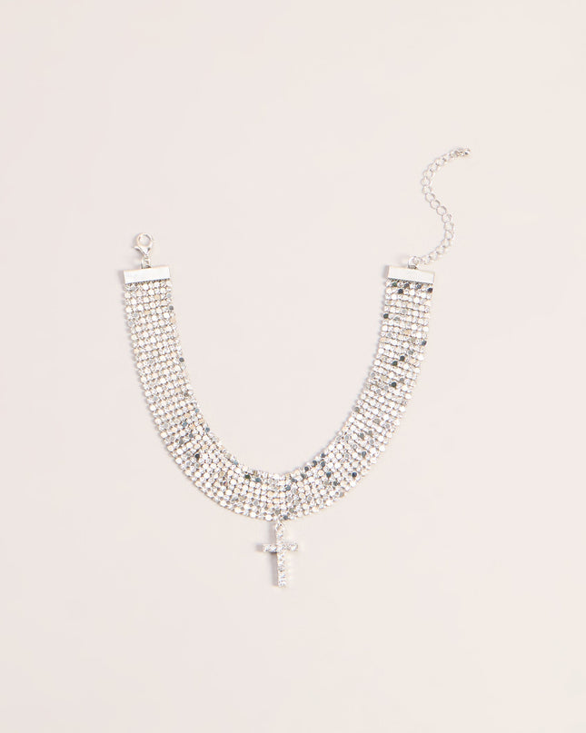 Glitzy Rhinestone Cross Chainmail Choker Necklace