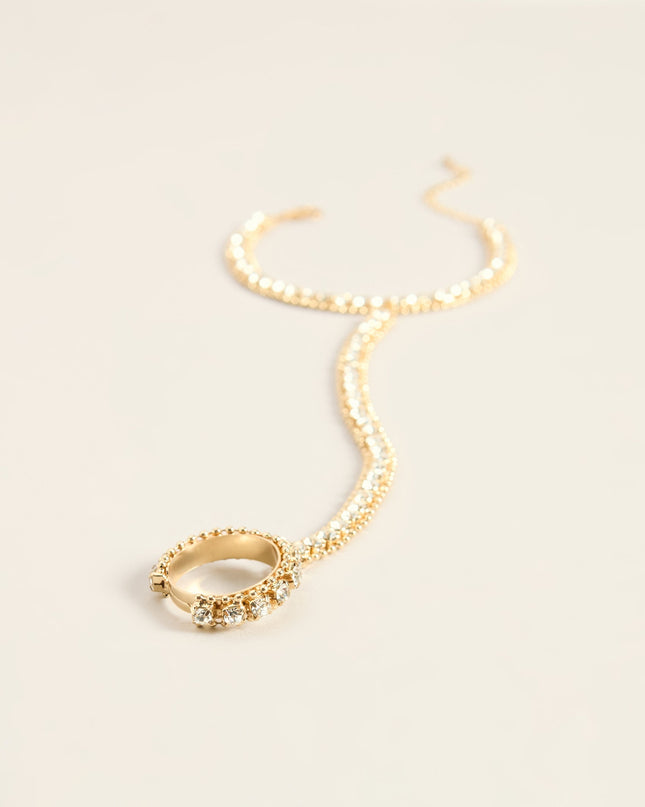 All Linked Up Rhinestone Hand Chain Bracelet Ring