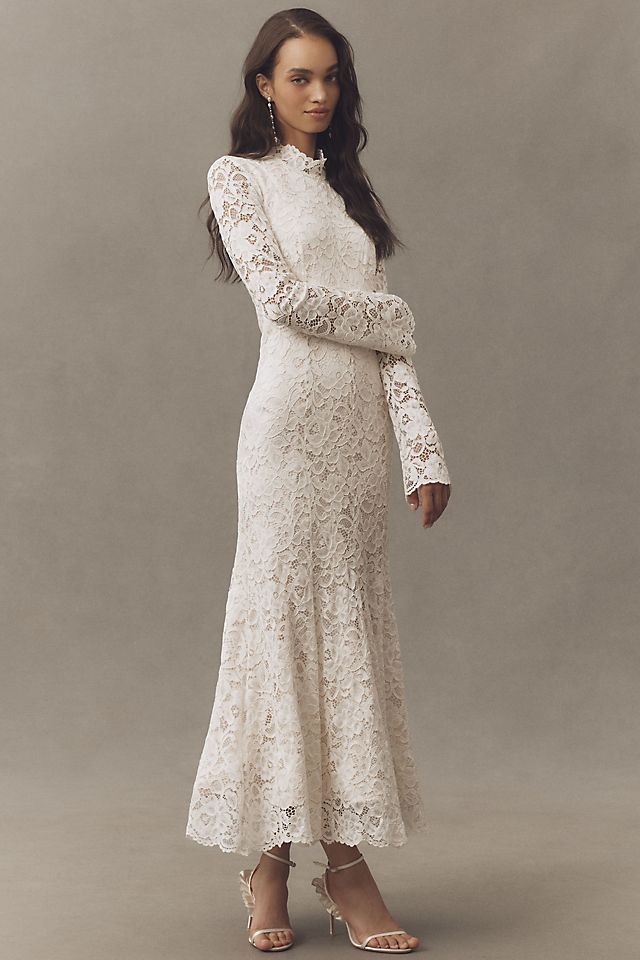 BHLDN Women's Long-Sleeve Mock-Neck Stretch Lace Maxi Dress