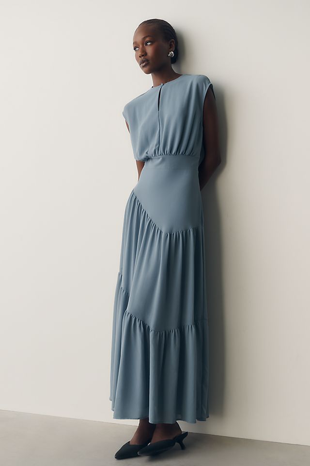 By Anthropologie Women's Waisted Cap-Sleeve Tiered Dress