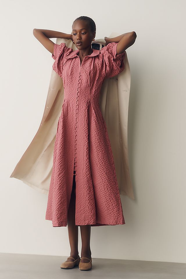 English Factory Puff-Sleeve Textured Women's Midi Shirtdress
