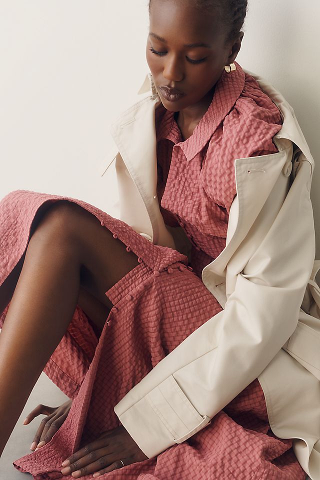 English Factory Puff-Sleeve Textured Women's Midi Shirtdress