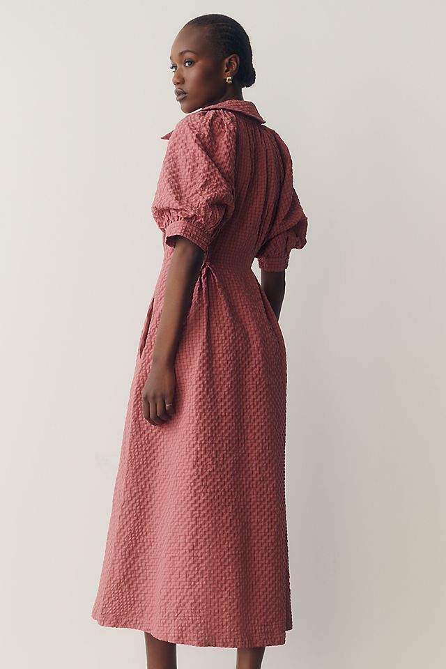 English Factory Puff-Sleeve Textured Women's Midi Shirtdress