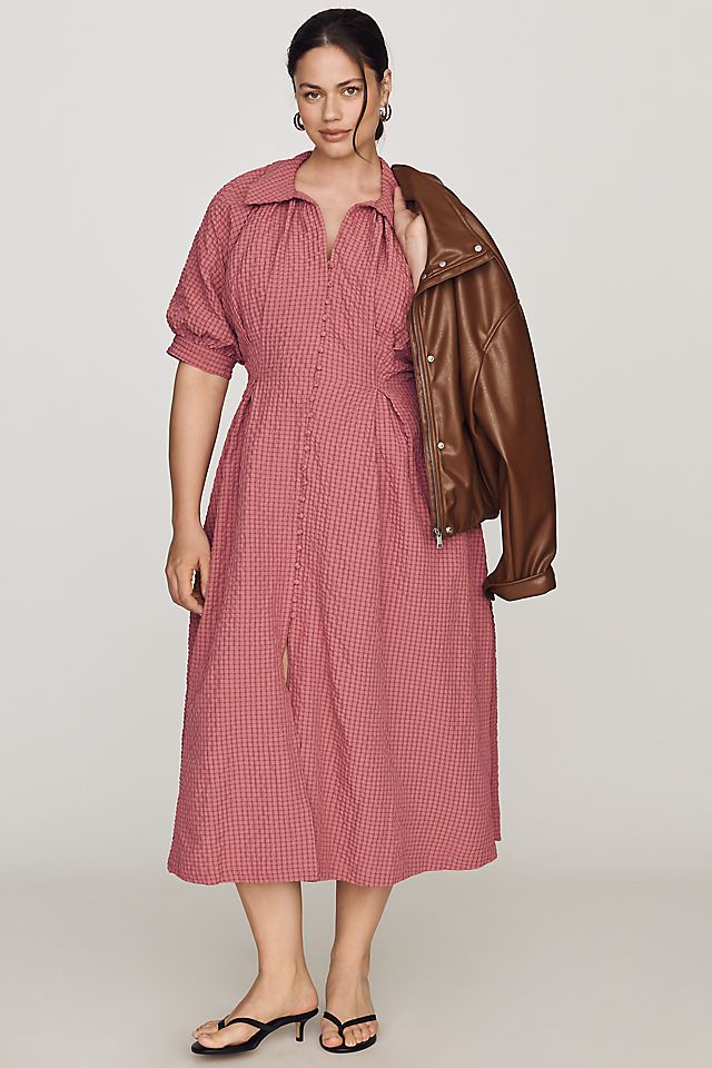 English Factory Puff-Sleeve Textured Women's Midi Shirtdress