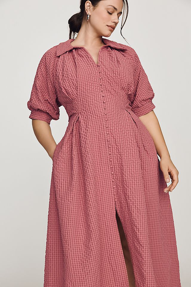 English Factory Puff-Sleeve Textured Women's Midi Shirtdress