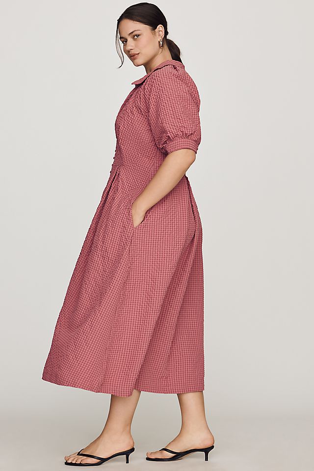 English Factory Puff-Sleeve Textured Women's Midi Shirtdress