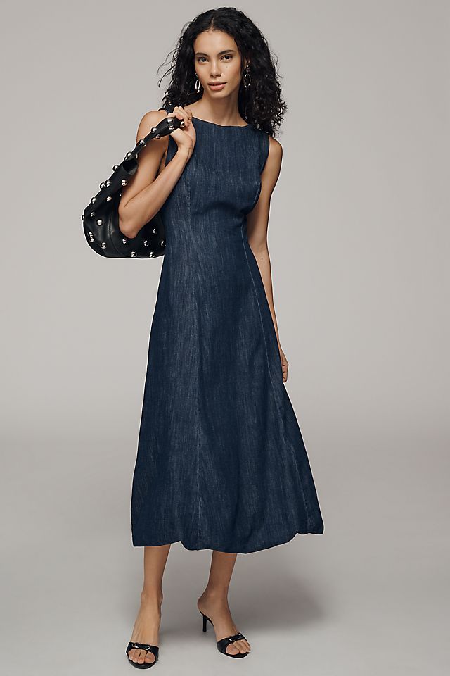 By Anthropologie Women's Boat-Neck Denim Bubble Midi Dress