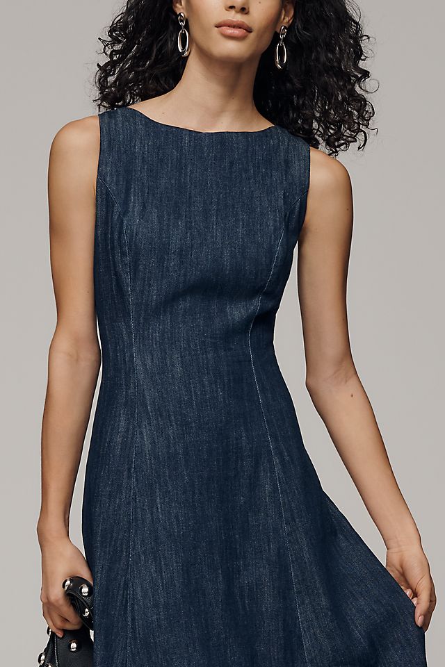 By Anthropologie Women's Boat-Neck Denim Bubble Midi Dress