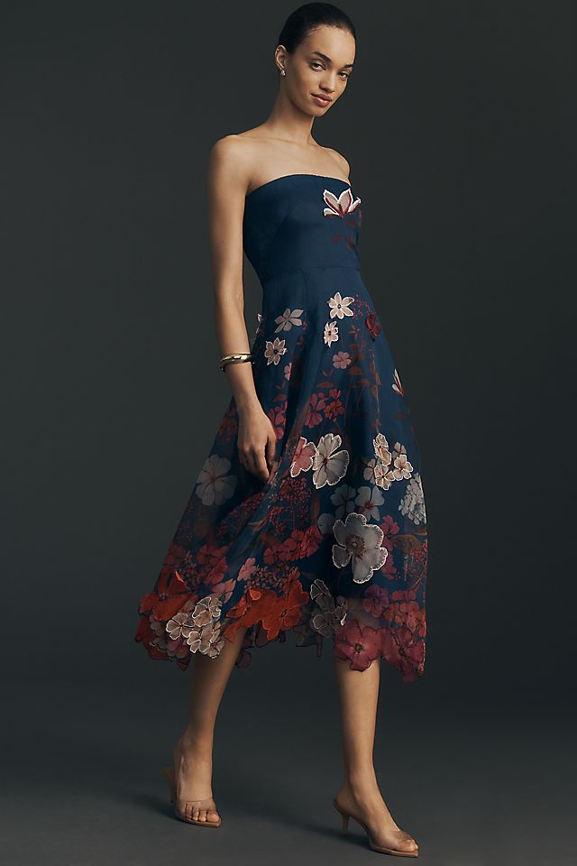 Maeve Strapless Floral Chiffon Women's Midi Dress