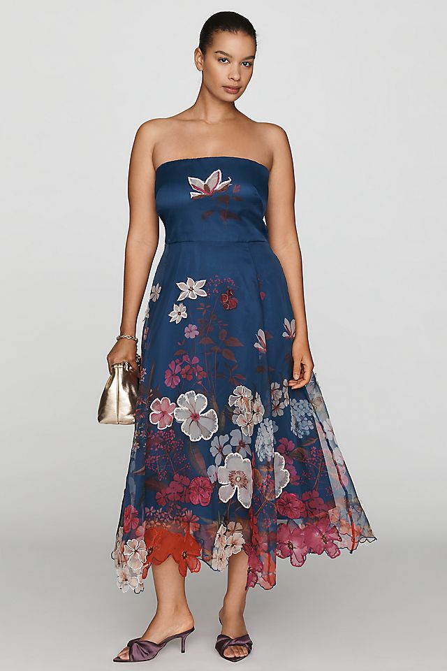 Maeve Strapless Floral Chiffon Women's Midi Dress