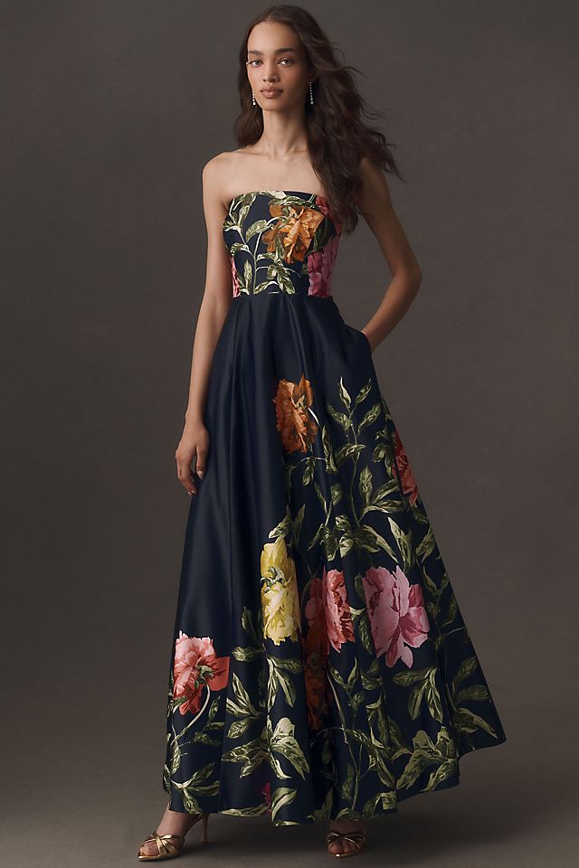 BHLDN Kira Strapless Printed Satin Women's Maxi Dress